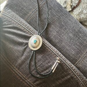Turquoise Center Sterling Silver Concho Bolo Tie Necklace - Black Cord